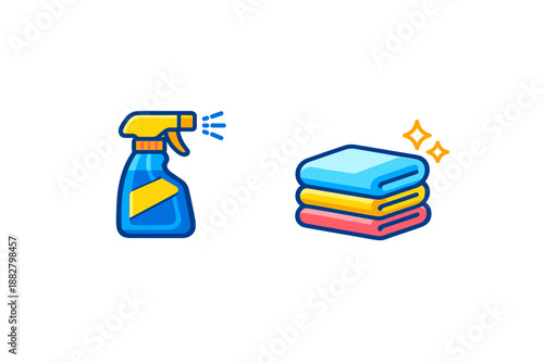 Cleaning spray bottle and stack of folded clean towels