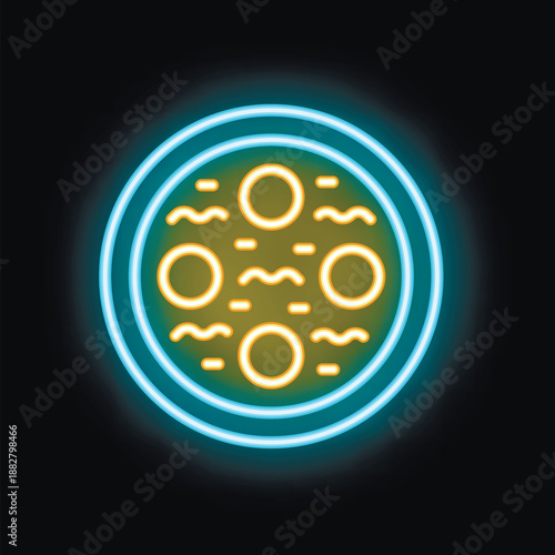 Neon sign of delicious hot pizza with melted cheese radiating light on black wall