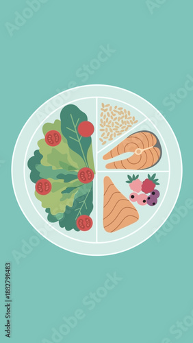 A Visual Representation of Healthy Eating Habits Featuring Salmon, Vegetables, and Berries