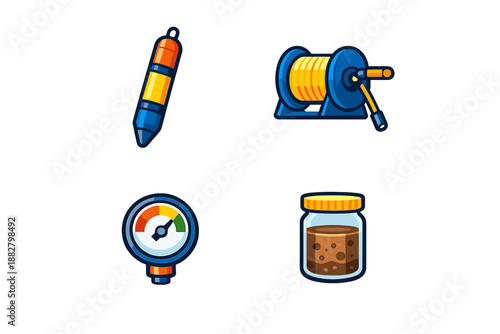 Set of four cartoonish icons representing tools and objects