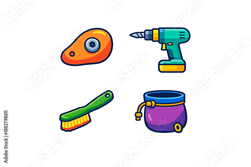 Set of four cartoon icons for climbing and DIY