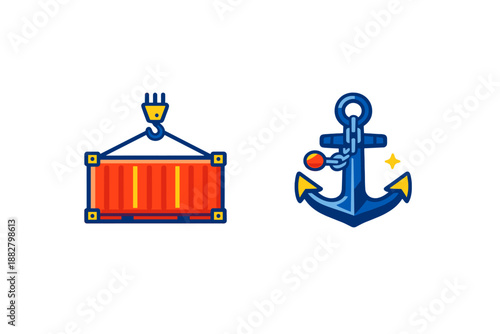 Cargo container and anchor icons with neon glow
