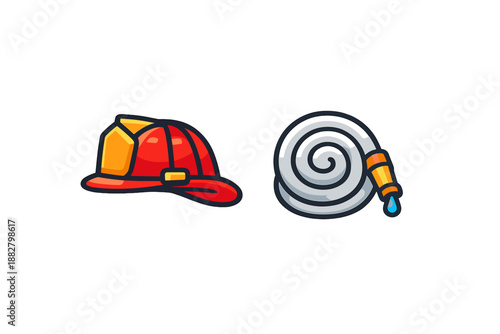Firefighter helmet and coiled hose with water drop