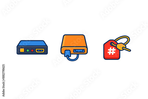 Three colorful tech icons on a dark background