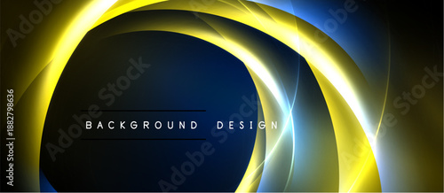 Abstract design features glowing yellow curves over dark blue, creating dynamic visual effect. Text reads background design.