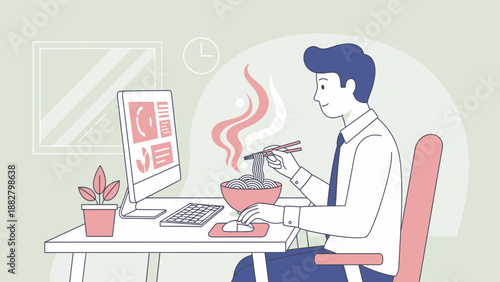 A Working Professional Enjoying Noodles While Using Computer During Lunch Break
