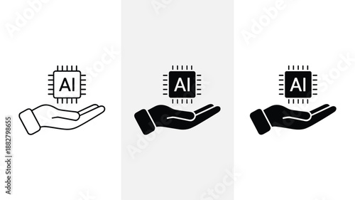 Artificial intelligence microchip icon in hand concept for technology industry innovation and development modern minimalist line art graphic for presentation website ui design ai solutions business pl