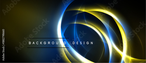 Abstract design features glowing circles, yellow hues, dark background. Modern aesthetic, dynamic lines create visual interest.