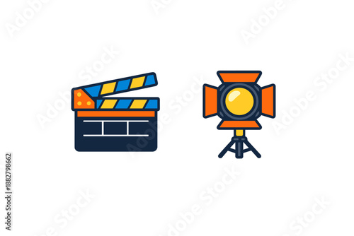 Clapperboard and spotlight icons on a dark background