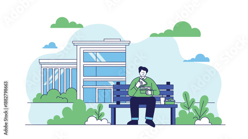 A Young Man Enjoying Lunch On A Park Bench Near A Modern Building Outdoors