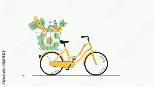 A Yellow Bicycle With a Basket Full of Fresh Groceries For Delivery