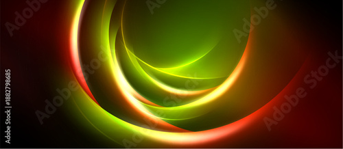 Abstract design features vibrant layered curves. Colors blend from red, orange, yellow, green into darkness. Smooth gradients create dynamic visual effect.