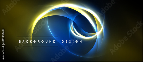 Abstract design features glowing curves, blue, gold hues. Dark background emphasizes bright light effects, modern aesthetic.