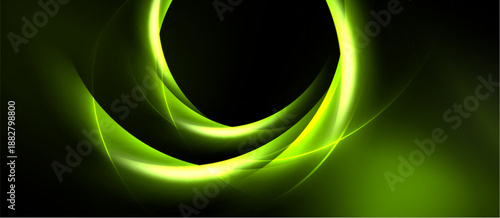 Abstract design features luminous green curves against dark background. Smooth shapes create dynamic, flowing composition. Modern aesthetic.