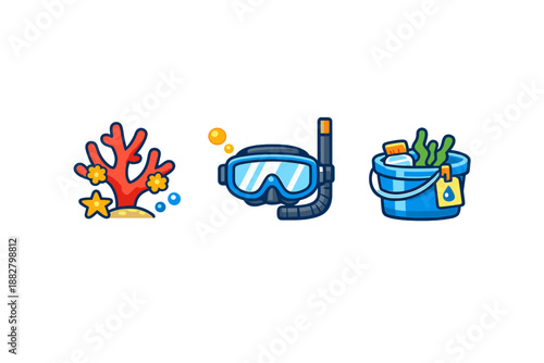 Coral reef, snorkeling mask, and bucket with aquatic items on black background
