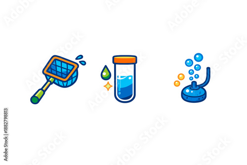 Three cartoon icons for water testing or aquariums