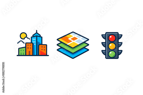 Collection of city, map layers, and traffic light icons