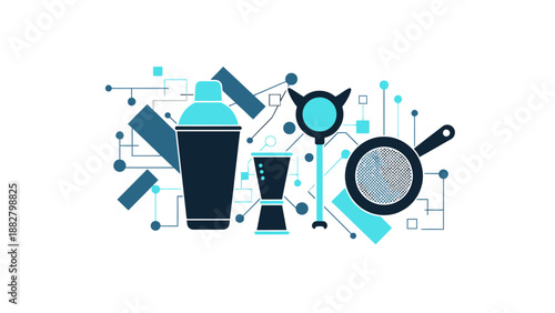 Abstract Cocktail Tools Composition With Blue Tones And Geometric Lines Design