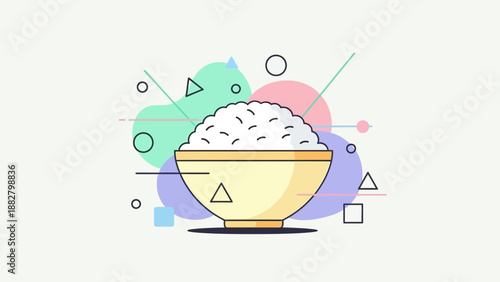 Abstract Illustration of Steaming Rice Bowl With Geometric Design Elements