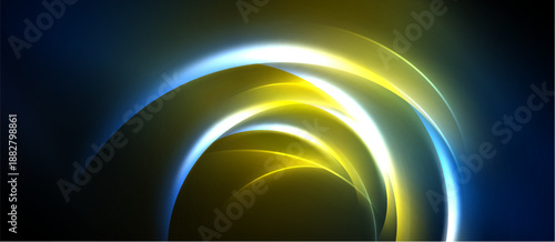 Abstract design features swirling yellow, white, blue light. Dark background emphasizes luminous curves, creating dynamic visual effect.