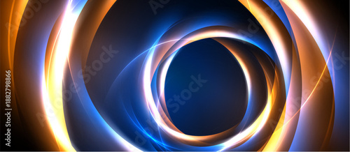 Abstract concentric circles, vibrant orange, blue hues. Dark background emphasizes glowing light curves, creating dynamic visual effect.