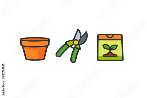 Gardening icons: planter, pruners, and seed packet