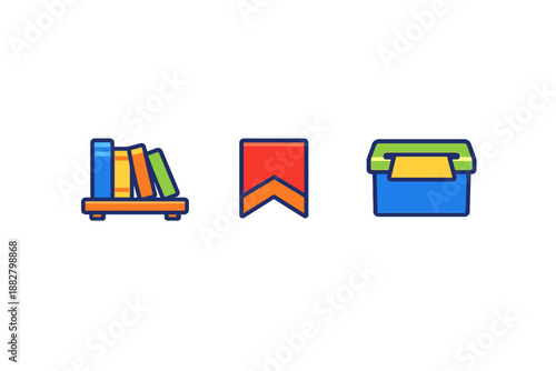 Set of three cartoon icons: bookshelf, bookmark, and mailbox