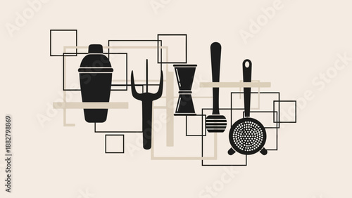 Abstract Cocktail Tools Composition with Geometric Shapes and Minimalist Design