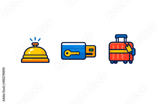 Set of hotel icons: reception bell, key card and luggage