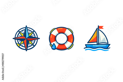 Nautical icons: compass, life preserver, and sailboat on dark background