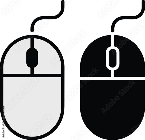 Simple computer mouse device equipment icons for office work modern technology and ergonomic design black and white illustration for website application user interface design and tech industry present