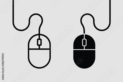 Computer mouse black and white vector icon illustration set for website user interface design element tech company logo graphic resource modern line symbol corporate presentation digital device techno