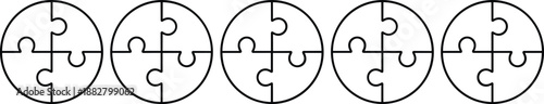 Circular jigsaw puzzle pieces connecting for teamwork strategy concept in a row on white background symbolising creative problem solving and solution finding partnership for business collaboration pre