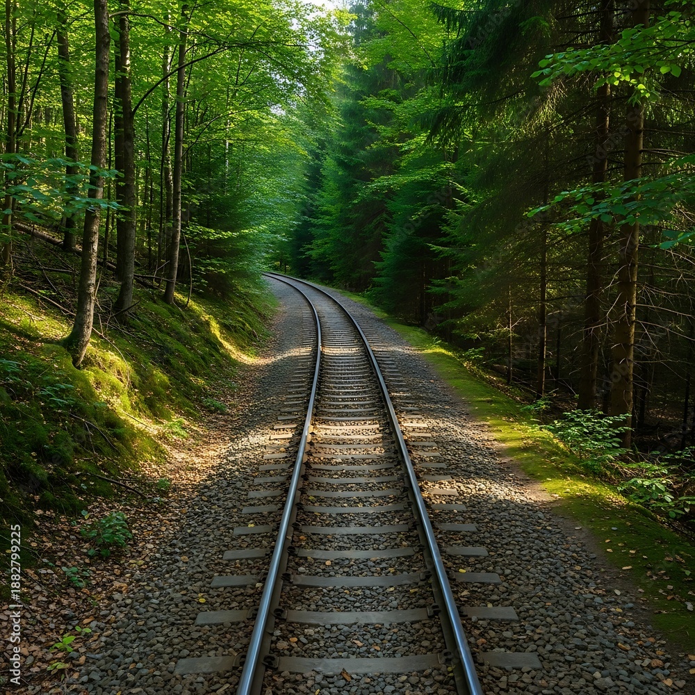 Obraz premium Railway Through Verdant Forest - A Scenic Journey.