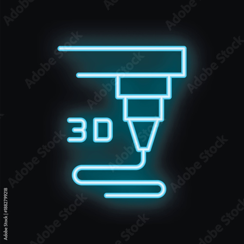 Blue neon icon of a 3d printer extruding filament on a black background