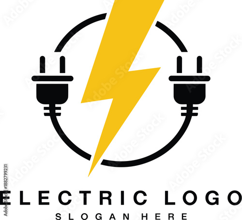 Electric lightning bolt logo design with plug in minimalist style vector illustration for energy company branding power solutions industrial applications modern technology innovation sustainable resou