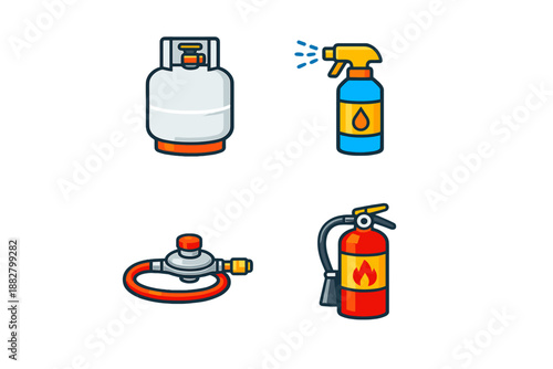 Set of icons for camping equipment and safety items