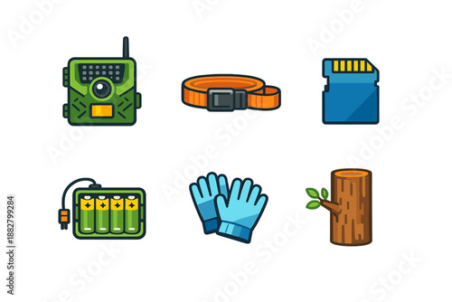 Collection of outdoor gear icons with glowing effect