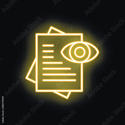 Glowing neon icon representing the concept of data privacy and security with an eye overseeing documents
