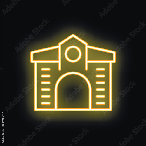 Neon yellow icon of a government building glowing on a black background