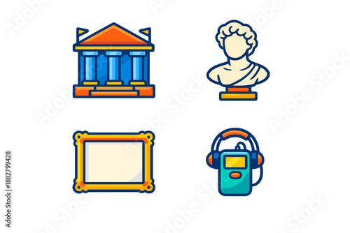 Museum icons set with building, bust, frame, and audio guide