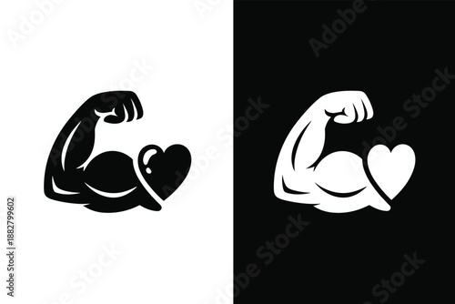 Strong muscular arm flexing biceps with heart illustration for health and fitness motivation gym workout power love concept weightlifting bodybuilding lifestyle strength training wellness advertisemen