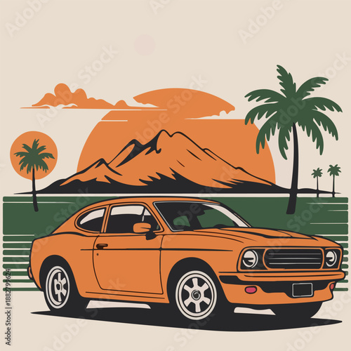 Retro classic car parked on a sandy beach near the road