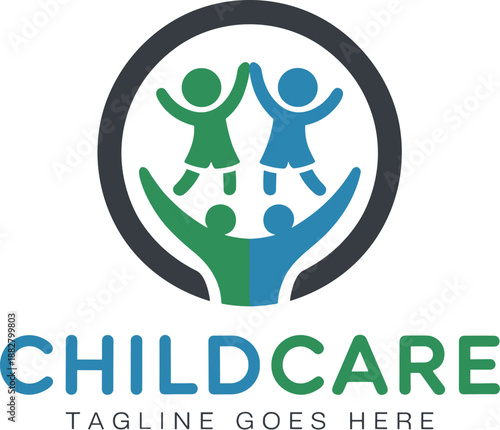 Colorful childcare logo concept design with children and parent figures in playful happy pose modern vector illustration for preschool early learning education services family support programs and kid