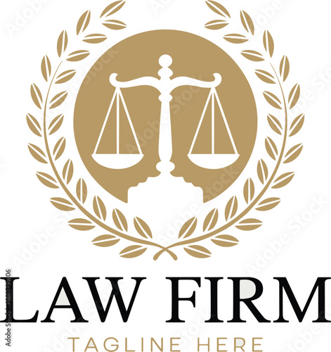 Elegant law firm logo template design featuring golden scales of justice in laurel wreath for legal services company branding professional attorney advocate advisor counselor consultant corporate iden