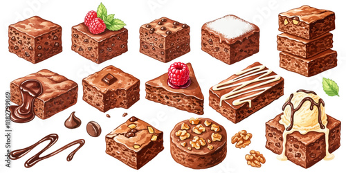 ブラウニーとチョコレートケーキのイラスト素材セット スイーツコレクション｜ブラウニー,チョコケーキ,デザート