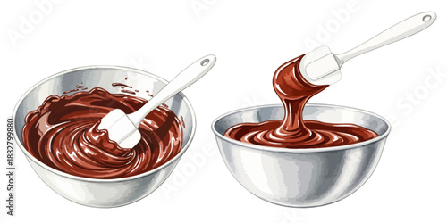 溶かしたチョコレートを混ぜる製菓工程のイラスト素材 ボウルとスパチュラ｜チョコレート,製菓,調理