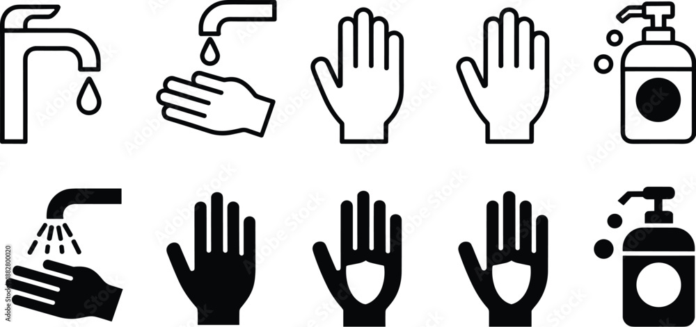 Fototapeta premium Hand Washing Hygiene Line Art Icon Set for Virus Prevention and Cleanliness Education handwashing with soap and water to prevent germs spread in healthcare medical illustrations for website infographi
