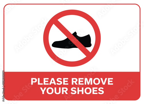 Red and White Stylish Please Remove Your Shoes Signage with Shoe Icon graphic for Cleanliness Policy Notice in Modern Interior Spaces requiring no footwear rule for hygiene practices in residential co