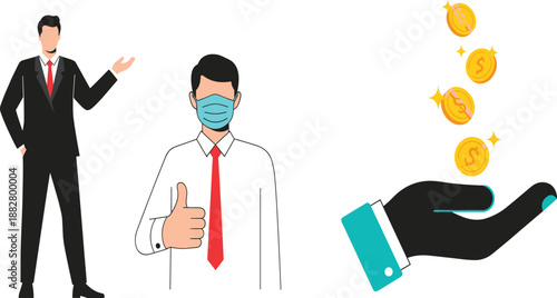 Business Success and Financial Support Illustration Showing Professional Man, Approval Gesture, Health Safety Concept, and Income Growth Symbol for Corporate Vector Design